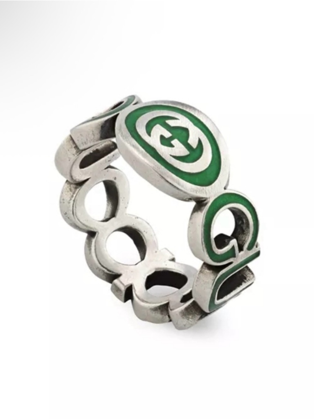 Gucci Sterling Silver Interlocked G Green Enamel Logo Ring